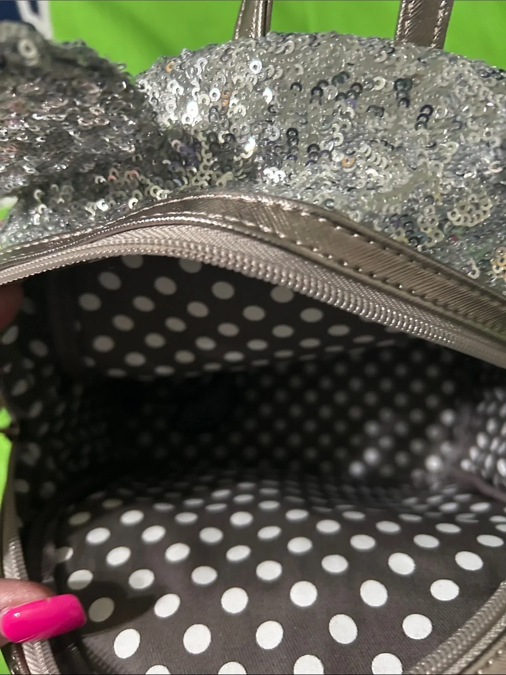 Loungefly Silver Sequin Minnie Ear Backpack with Metallic Bow